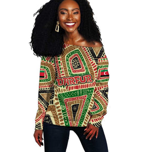 Darfur Sudan Off Shoulder Sweater Red Green Beige Tribal Pattern - African Pride
