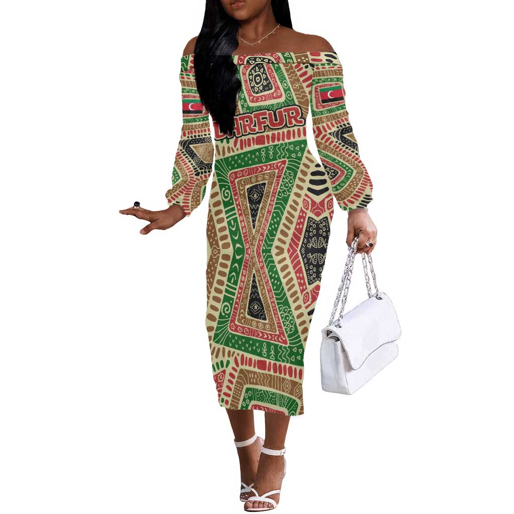 Darfur Sudan Off The Shoulder Long Sleeve Dress Red Green Beige Tribal Pattern - African Pride