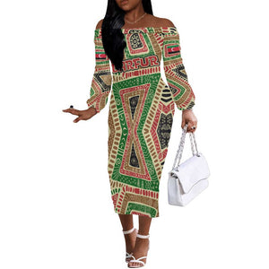 Darfur Sudan Off The Shoulder Long Sleeve Dress Red Green Beige Tribal Pattern - African Pride