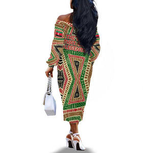 Darfur Sudan Off The Shoulder Long Sleeve Dress Red Green Beige Tribal Pattern - African Pride