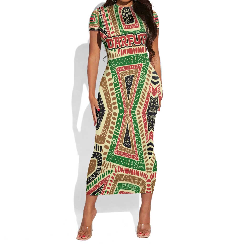 Darfur Sudan Short Sleeve Bodycon Dress Red Green Beige Tribal Pattern - African Pride