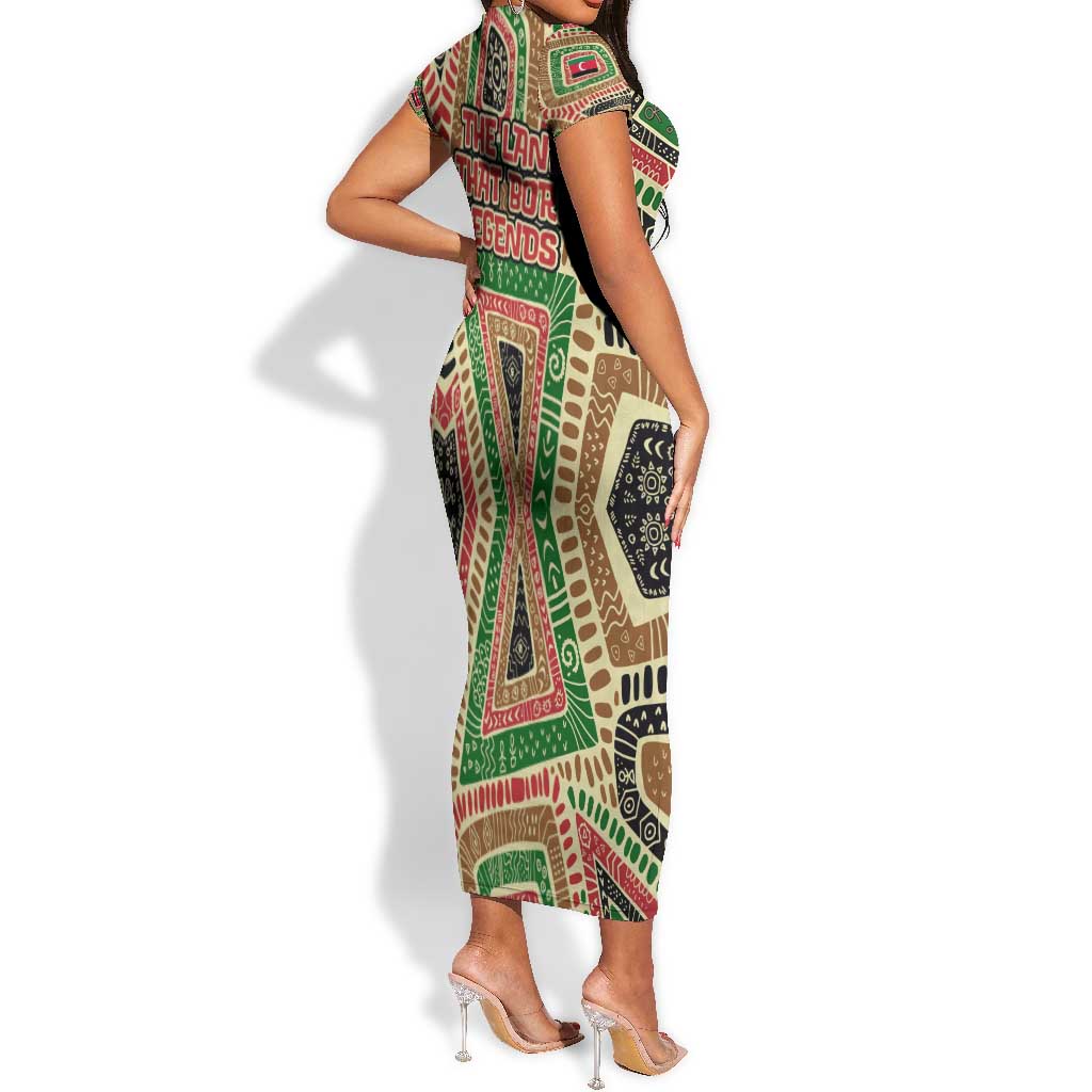Darfur Sudan Short Sleeve Bodycon Dress Red Green Beige Tribal Pattern - African Pride