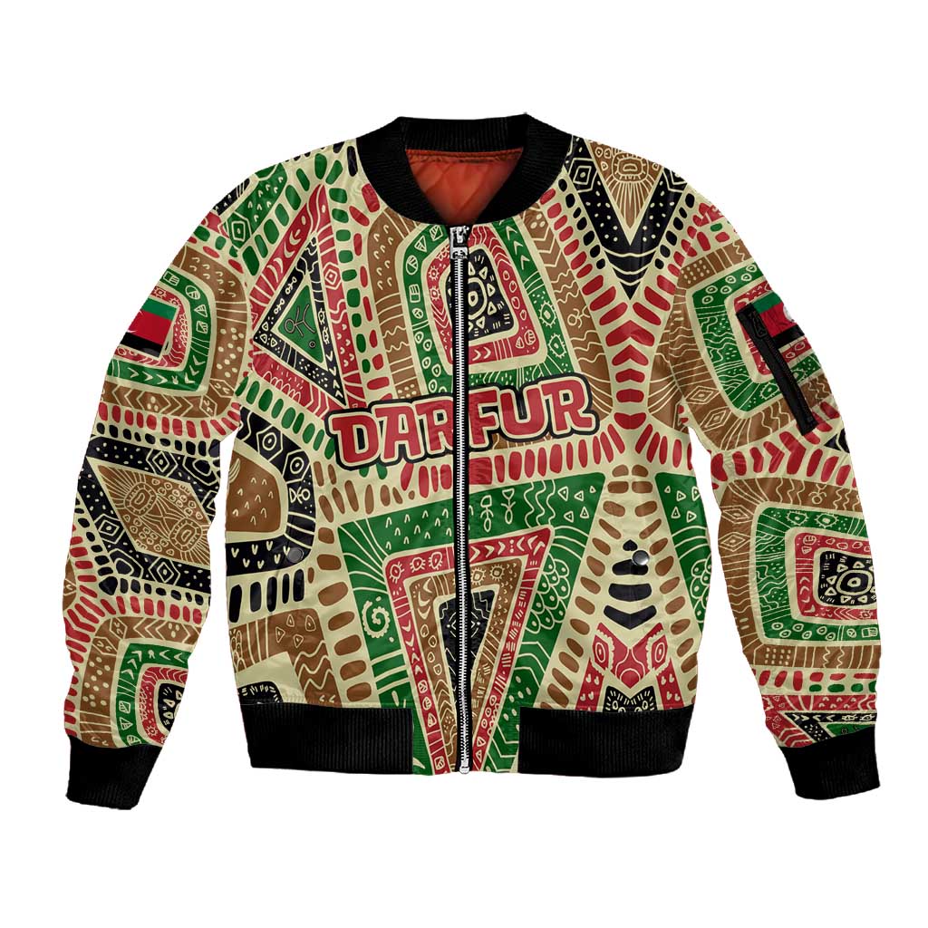 Darfur Sudan Sleeve Zip Bomber Jacket Red Green Beige Tribal Pattern - African Pride