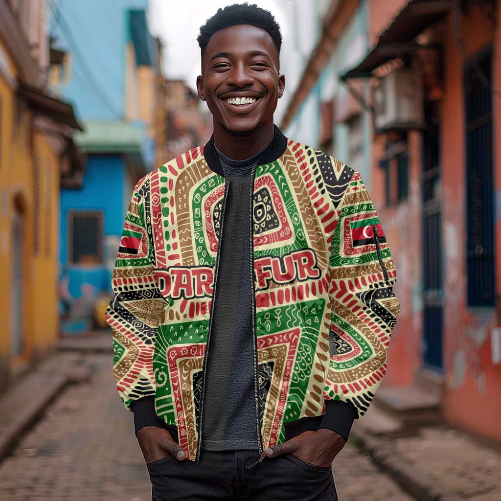 Darfur Sudan Sleeve Zip Bomber Jacket Red Green Beige Tribal Pattern - African Pride