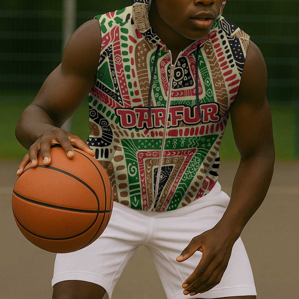 Darfur Sudan Sleeveless Zip Hoodie Red Green Beige Tribal Pattern - African Pride