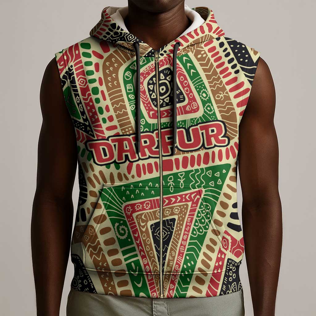 Darfur Sudan Sleeveless Zip Hoodie Red Green Beige Tribal Pattern - African Pride