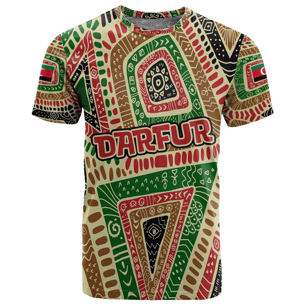 Darfur Sudan T shirt Red Green Beige Tribal Pattern - African Pride