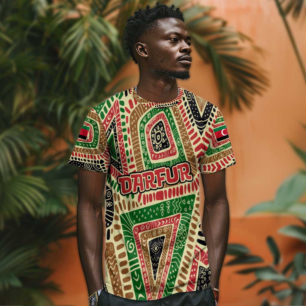 Darfur Sudan T shirt Red Green Beige Tribal Pattern - African Pride