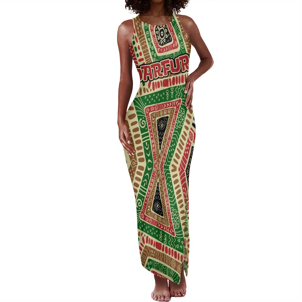 Darfur Sudan Tank Maxi Dress Red Green Beige Tribal Pattern - African Pride