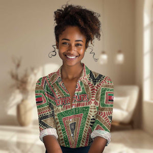 Darfur Sudan Women Casual Shirt Red Green Beige Tribal Pattern - African Pride