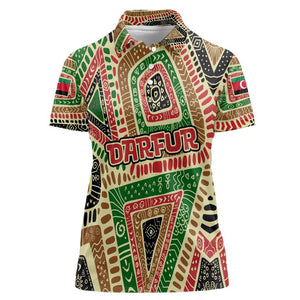 Darfur Sudan Women Polo Shirt Red Green Beige Tribal Pattern - African Pride