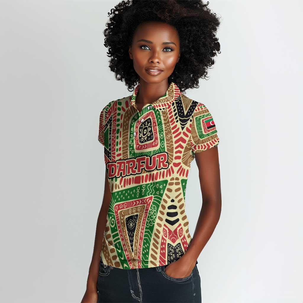 Darfur Sudan Women Polo Shirt Red Green Beige Tribal Pattern - African Pride