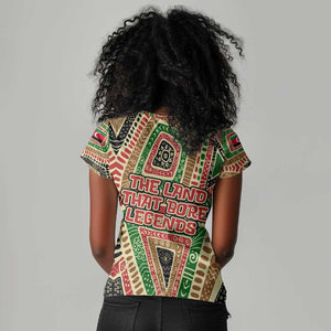Darfur Sudan Women V-Neck T-Shirt Red Green Beige Tribal Pattern - African Pride