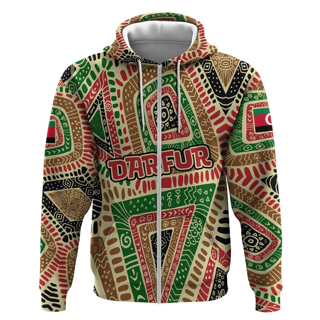 Darfur Sudan Zip Hoodie Red Green Beige Tribal Pattern - African Pride