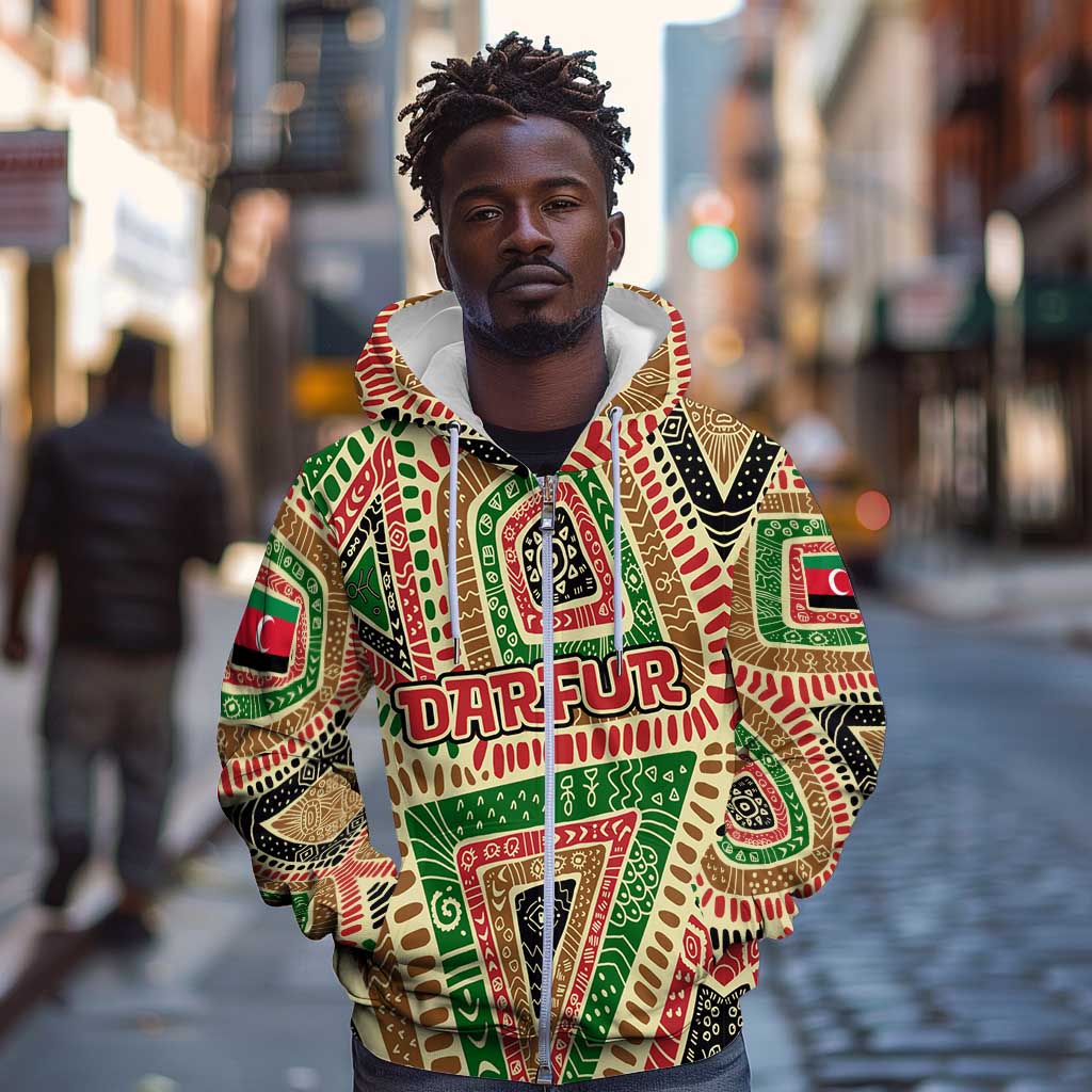 Darfur Sudan Zip Hoodie Red Green Beige Tribal Pattern - African Pride