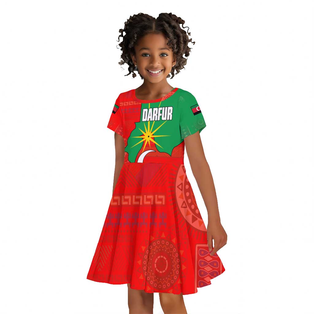 Darfur Sudan Kid Short Sleeve Dress Red Green Yellow Crescent Star - African Pride
