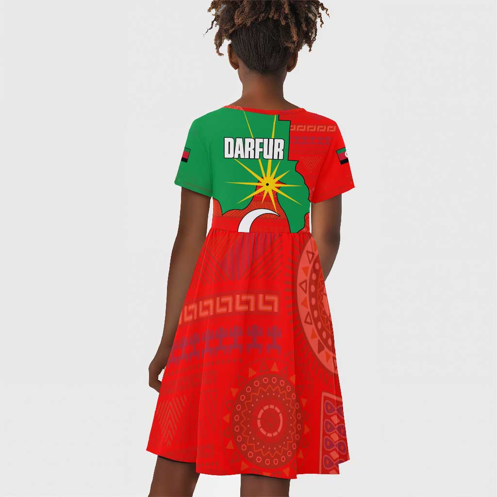 Darfur Sudan Kid Short Sleeve Dress Red Green Yellow Crescent Star - African Pride