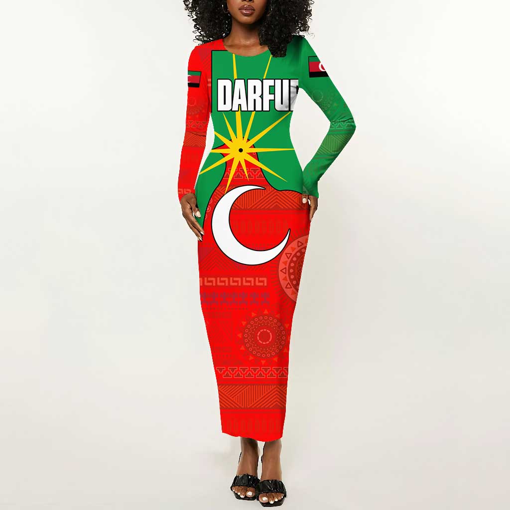 Darfur Sudan Long Sleeve Bodycon Dress Red Green Yellow Crescent Star - African Pride