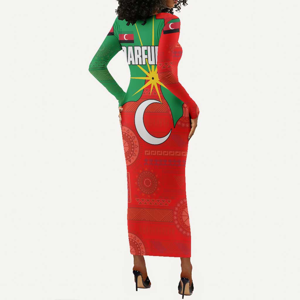 Darfur Sudan Long Sleeve Bodycon Dress Red Green Yellow Crescent Star - African Pride
