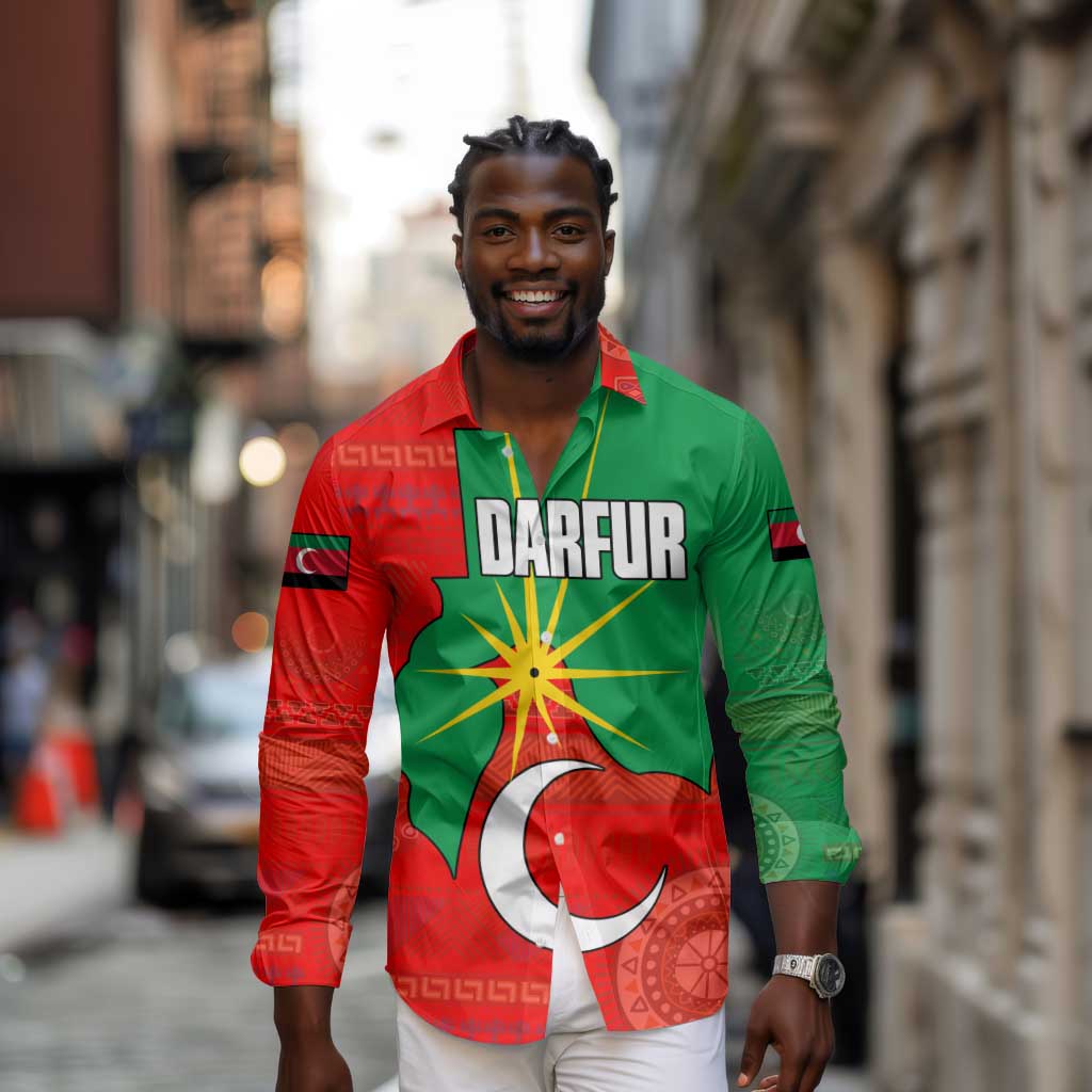 Darfur Sudan Long Sleeve Button Shirt Red Green Yellow Crescent Star - African Pride