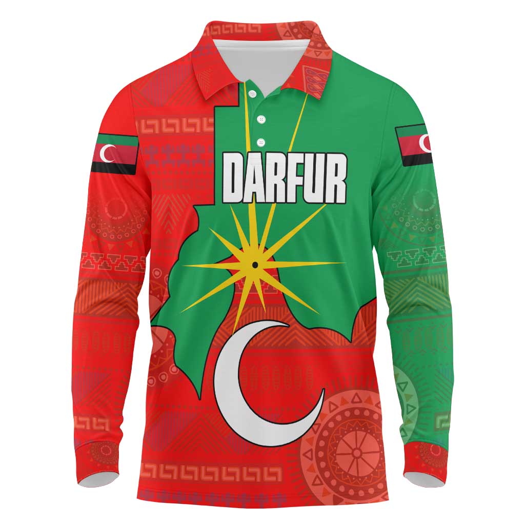Darfur Sudan Long Sleeve Polo Shirt Red Green Yellow Crescent Star - African Pride