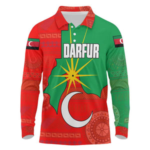 Darfur Sudan Long Sleeve Polo Shirt Red Green Yellow Crescent Star - African Pride
