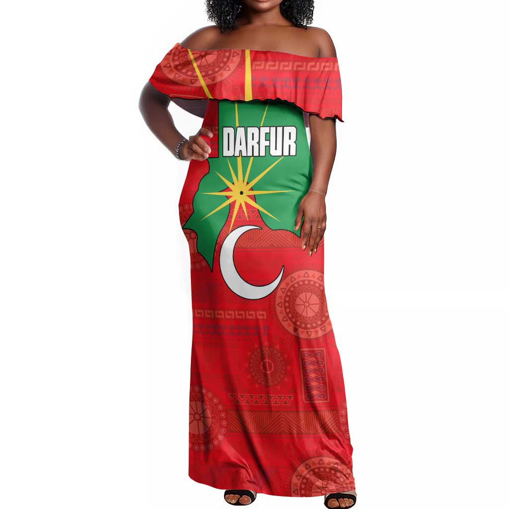 Darfur Sudan Off Shoulder Maxi Dress Red Green Yellow Crescent Star - African Pride