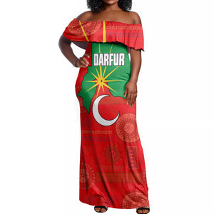 Darfur Sudan Off Shoulder Maxi Dress Red Green Yellow Crescent Star - African Pride