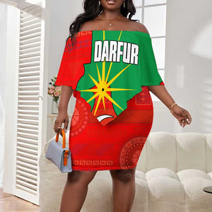 Darfur Sudan Off Shoulder Short Dress Red Green Yellow Crescent Star - African Pride