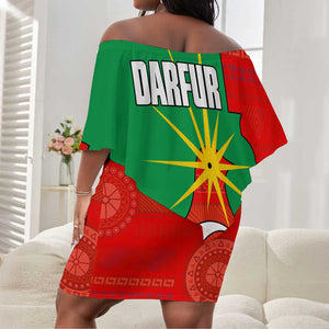 Darfur Sudan Off Shoulder Short Dress Red Green Yellow Crescent Star - African Pride