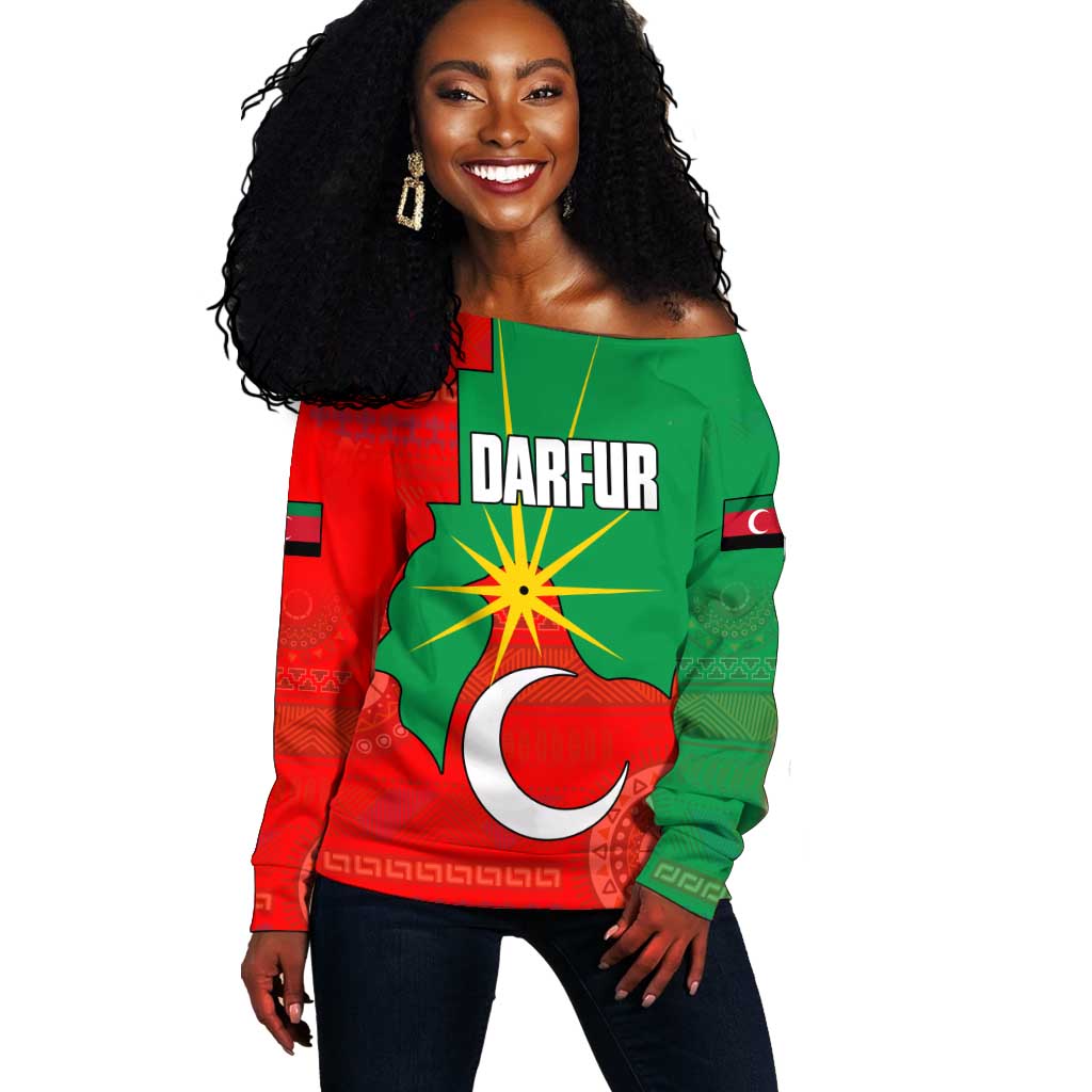 Darfur Sudan Off Shoulder Sweater Red Green Yellow Crescent Star - African Pride