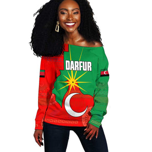 Darfur Sudan Off Shoulder Sweater Red Green Yellow Crescent Star - African Pride