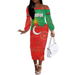 Darfur Sudan Off The Shoulder Long Sleeve Dress Red Green Yellow Crescent Star - African Pride