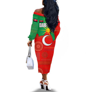 Darfur Sudan Off The Shoulder Long Sleeve Dress Red Green Yellow Crescent Star - African Pride
