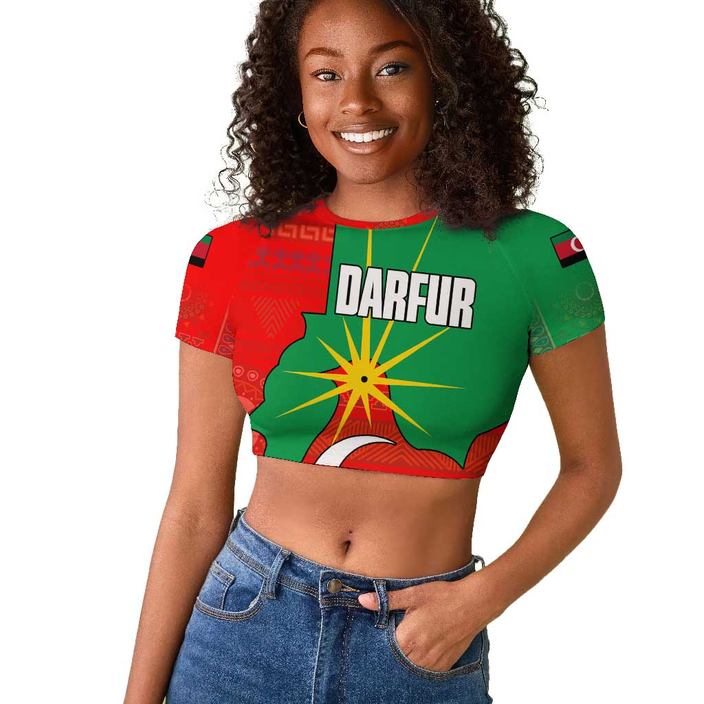 Darfur Sudan Raglan Cropped T shirt Red Green Yellow Crescent Star - African Pride