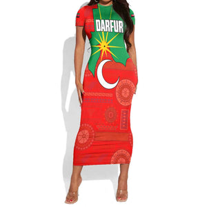 Darfur Sudan Short Sleeve Bodycon Dress Red Green Yellow Crescent Star - African Pride