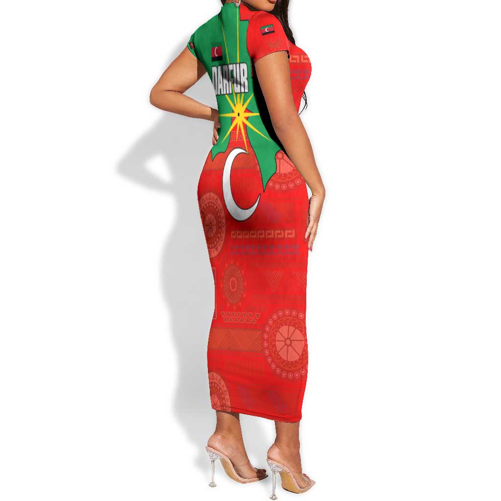 Darfur Sudan Short Sleeve Bodycon Dress Red Green Yellow Crescent Star - African Pride