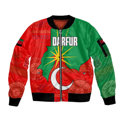 Darfur Sudan Sleeve Zip Bomber Jacket Red Green Yellow Crescent Star - African Pride