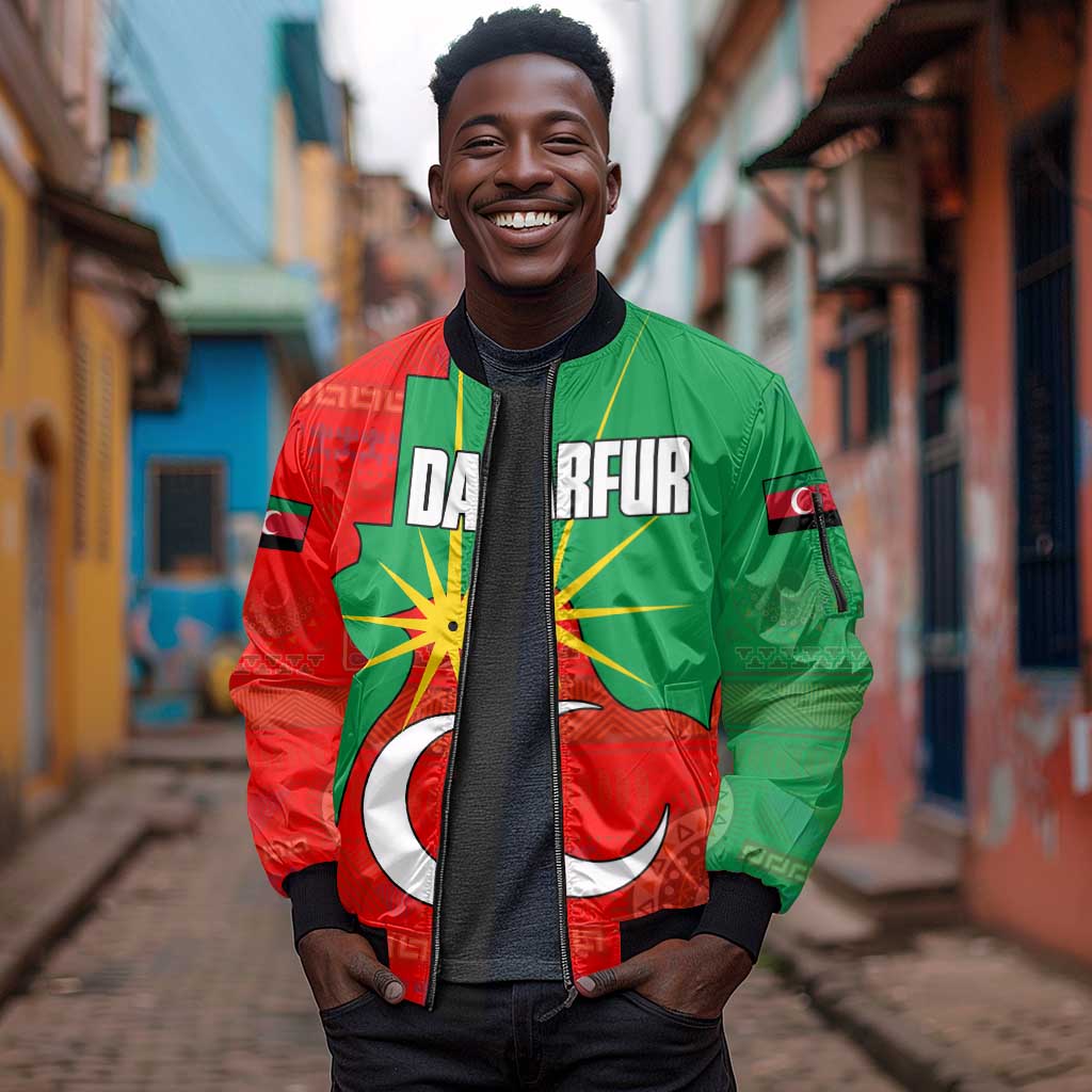 Darfur Sudan Sleeve Zip Bomber Jacket Red Green Yellow Crescent Star - African Pride