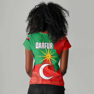 Darfur Sudan Women V-Neck T-Shirt Red Green Yellow Crescent Star - African Pride