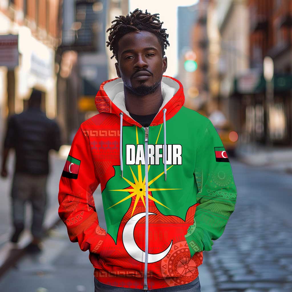 Darfur Sudan Zip Hoodie Red Green Yellow Crescent Star - African Pride