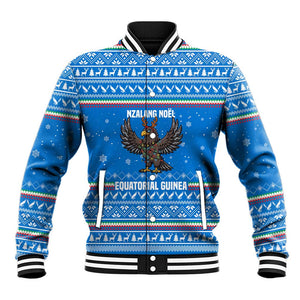 Equatorial Guinea Christmas Baseball Jacket Nzalang Noel Eagle Flag Snowflakes - African Pride