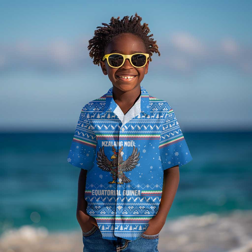 Equatorial Guinea Christmas Kid Hawaiian Shirt Nzalang Noel Eagle Flag Snowflakes - African Pride