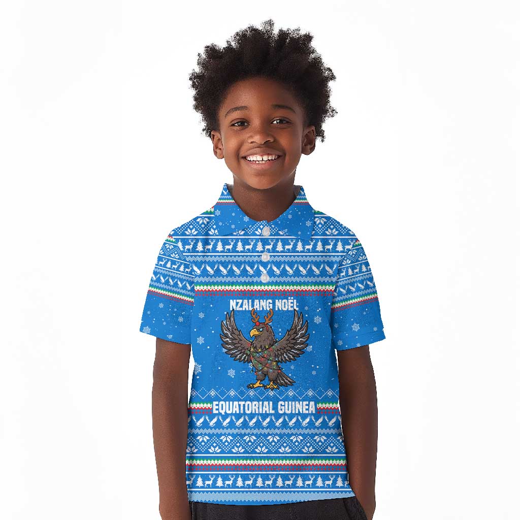 Equatorial Guinea Christmas Kid Polo Shirt Nzalang Noel Eagle Flag Snowflakes - African Pride