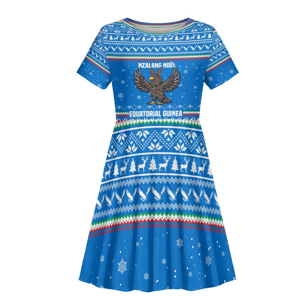 Equatorial Guinea Christmas Kid Short Sleeve Dress Nzalang Noel Eagle Flag Snowflakes - African Pride