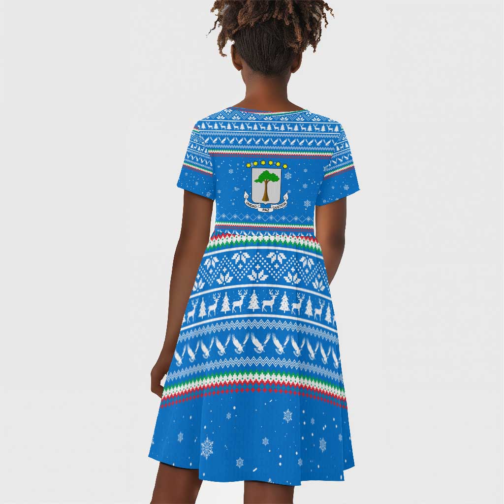 Equatorial Guinea Christmas Kid Short Sleeve Dress Nzalang Noel Eagle Flag Snowflakes - African Pride