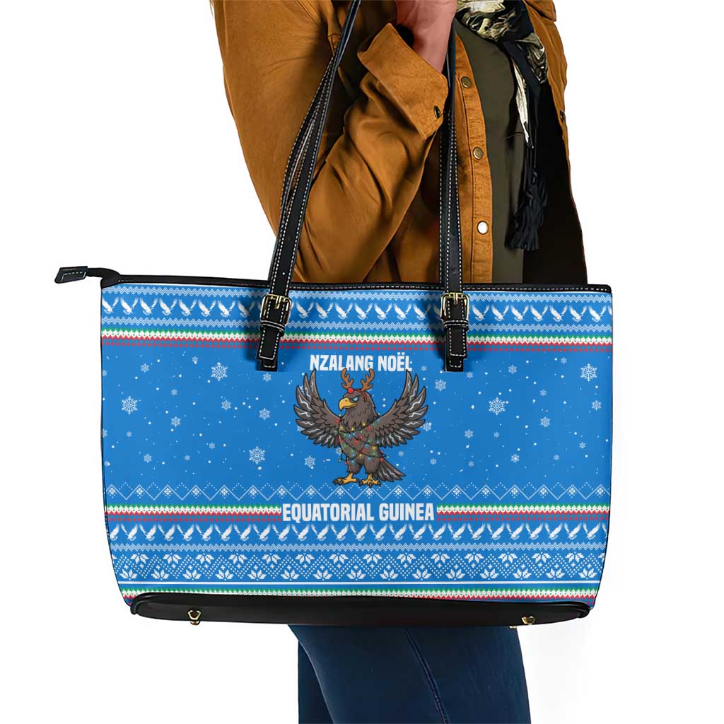 Equatorial Guinea Christmas Leather Tote Bag Nzalang Noel Eagle Flag Snowflakes - African Pride