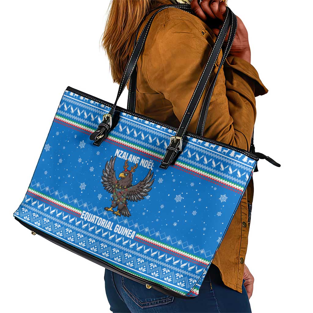 Equatorial Guinea Christmas Leather Tote Bag Nzalang Noel Eagle Flag Snowflakes - African Pride