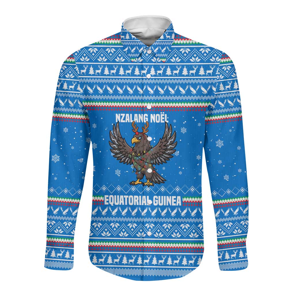 Equatorial Guinea Christmas Long Sleeve Button Shirt Nzalang Noel Eagle Flag Snowflakes - African Pride