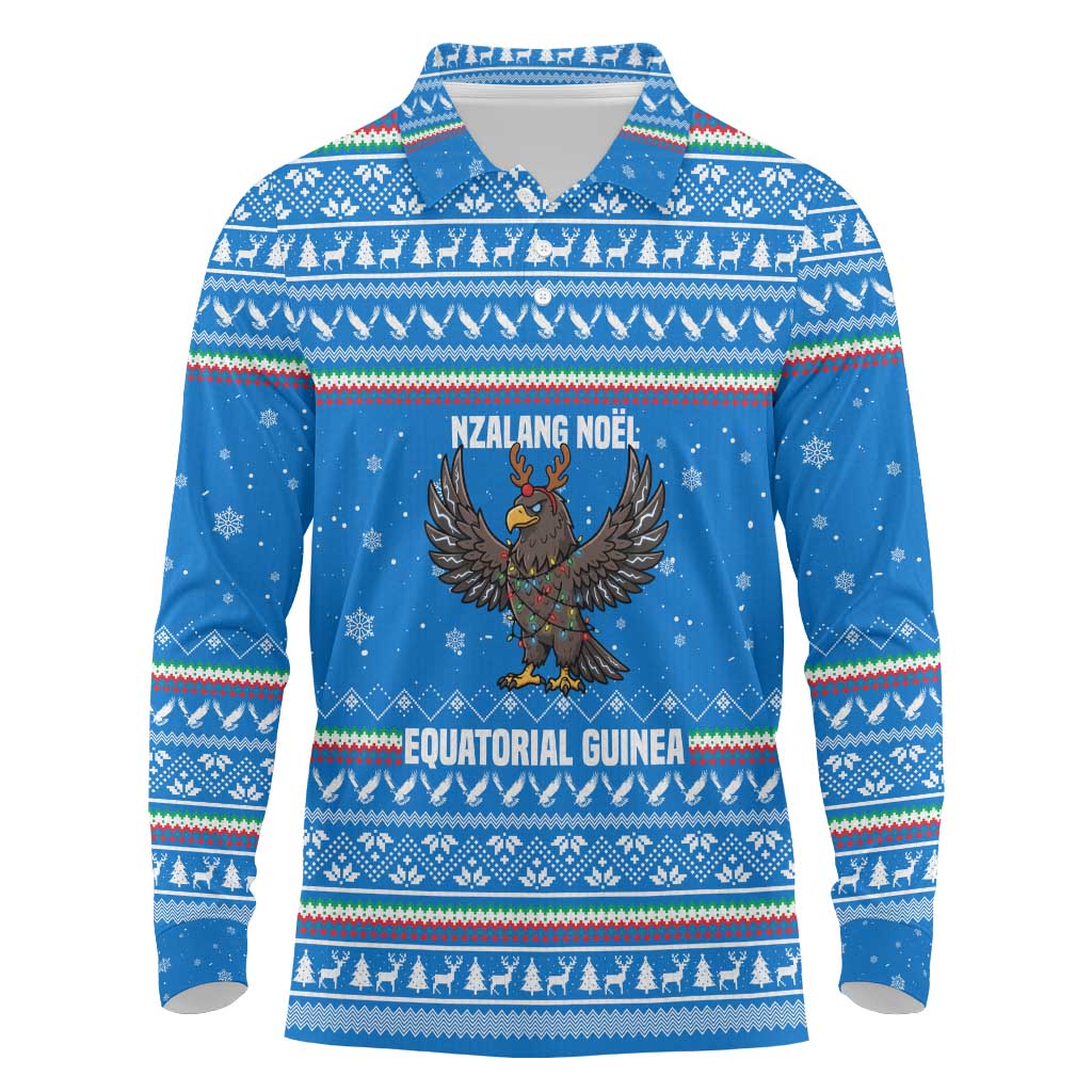 Equatorial Guinea Christmas Long Sleeve Polo Shirt Nzalang Noel Eagle Flag Snowflakes - African Pride
